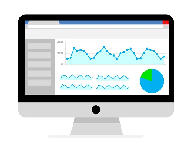 Google ranking algorithm Analytics report in an image of a pc screen with graphic color an white background blue graphic and grey menu.