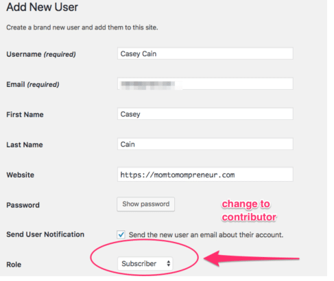 You must change your role from a subscriber to a contributor. You should also check the box for "send a new person an email about their account."