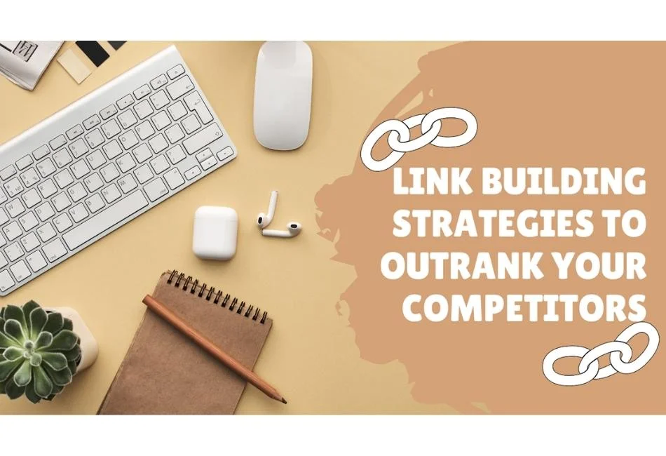 It's a brown desk whit a keyboard mouse and a pen, a white write Link Building Statistic etc...