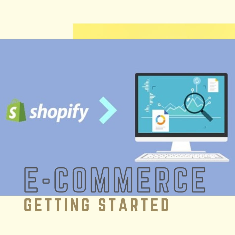 Shopify with a blue background and a computer screen