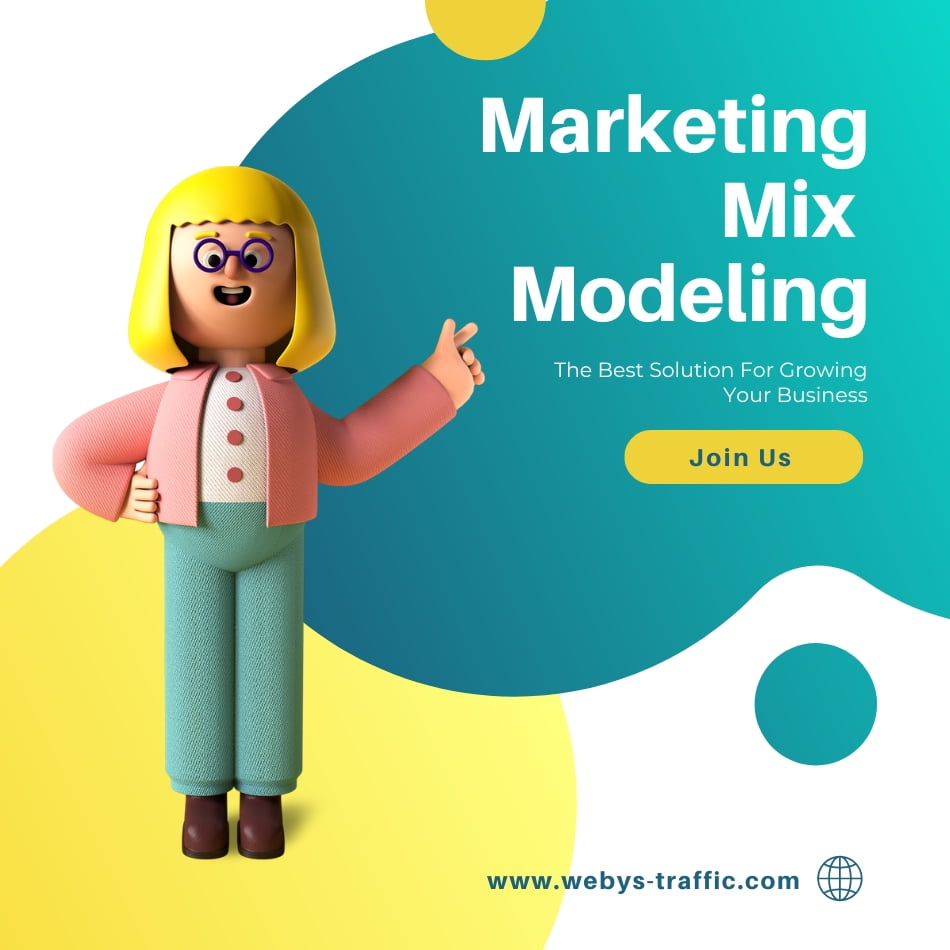 Marketing Mix Modeling with a girl point the write Marketing in yellow and green