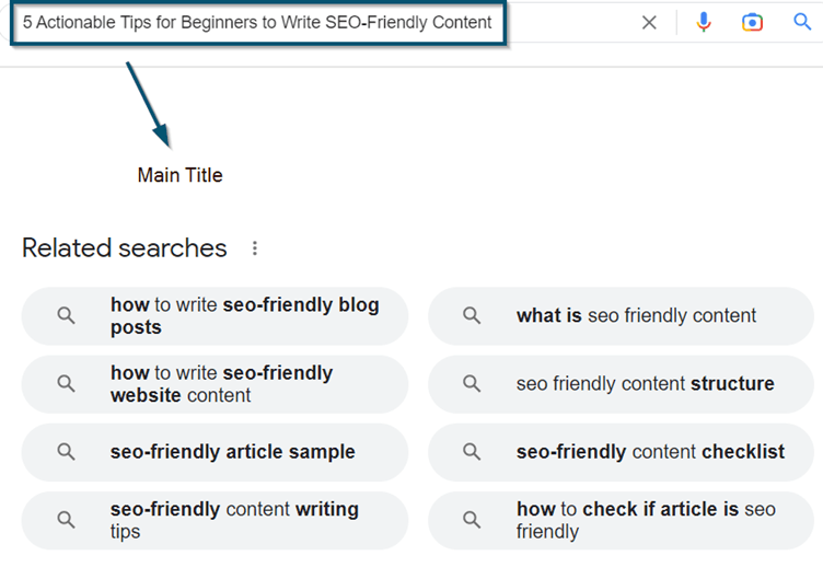 This picture shows an example of Google’s related searches for the main title