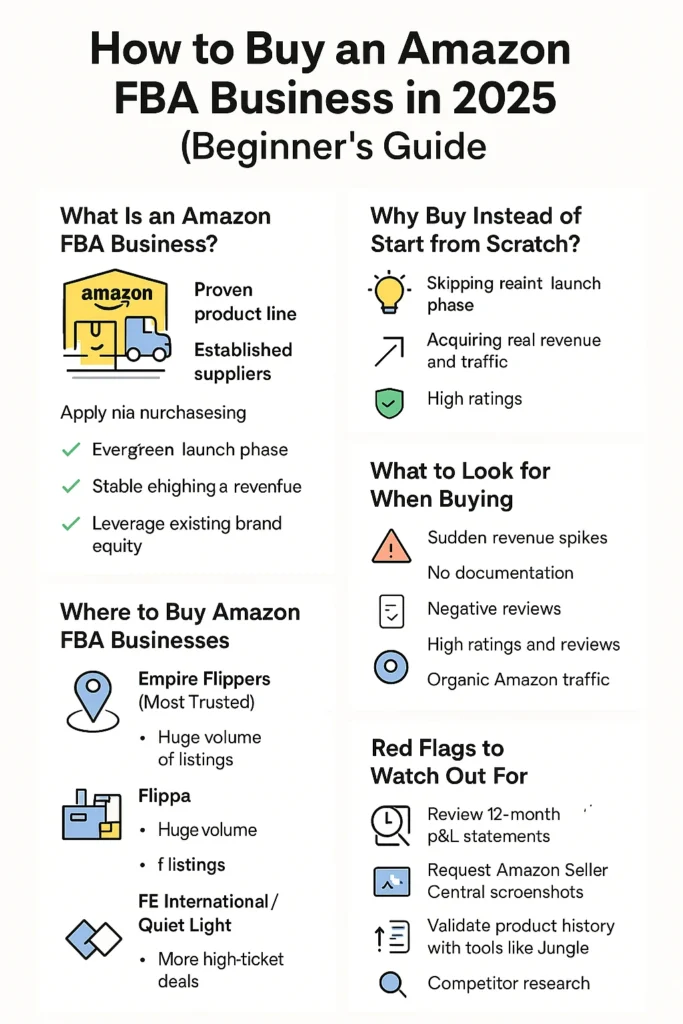 Infographic showing how to buy an Amazon FBA business in 2025 – covers tips on what to look for, where to buy (Empire Flippers, Flippa, FE International), red flags, and benefits of acquisition over building from scratch